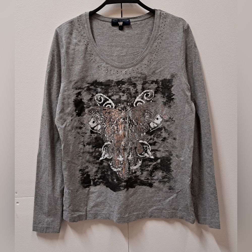 Kapalua Women's T-Shirt Tee Long Sleeve Gray Butterfly Viscose Size  Medium